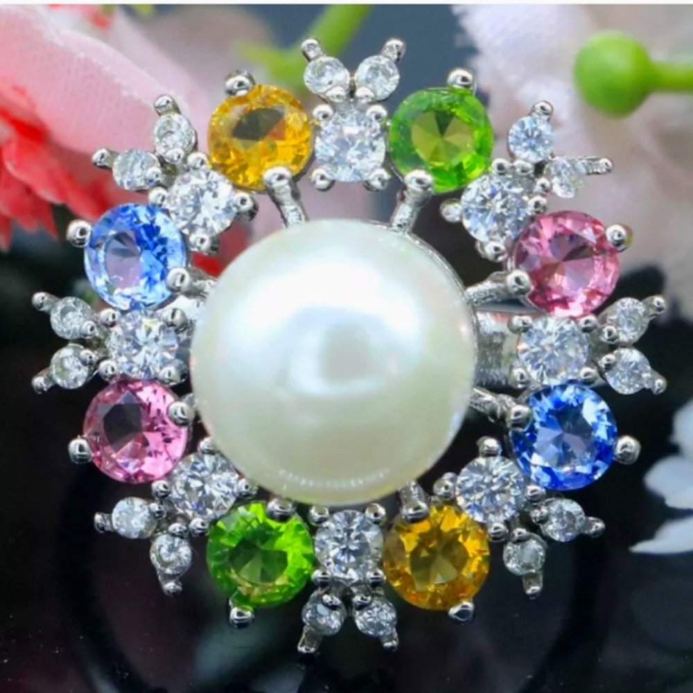 Multicolor Gemstone and Pearl sterling silver ring